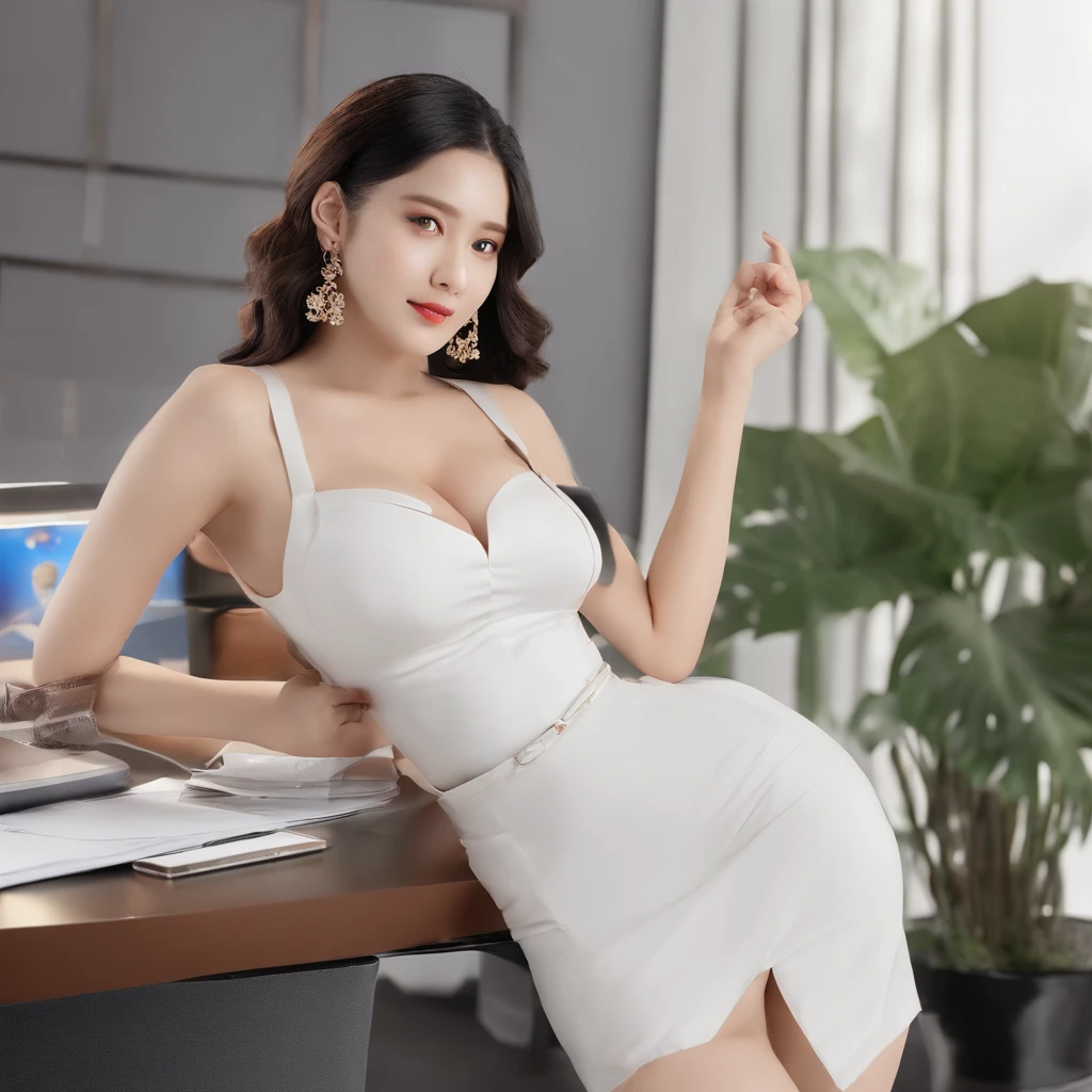 high-definition photograph,macro shot,close up photograph,电影灯光,horizontal angle panoramic angle,Real selfies,46-year-old female model standing elegantly in front of the conference table:1.2,Professional female image,Wearing a sexy white T-shirt with a colorful floral pattern:1.2,Two large rectangular gold earrings, Full body close-up in white short skirt:1.2,Seductive eye,face flushed,The face is a little red,A shy look,Bust close-up photo:1.2,A plump chest,sexy boobs:1.1,Stand by the bed,Elegant white legs,Elegant and seductive posture:1.3Standing at the conference table,delicate skin,gentlesoftlighting,HD picture,extremly high detail,High-class charm,Fuji Film,ultra-realistic realism,8K high-definition,Super stunning。