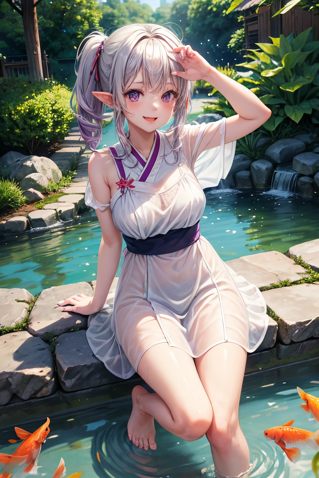 1 girl, garden, , see through white sundress, pointed ears, purple eyes, barefoot, garden pond, splashing, Koi fish, Japanese influence, 8k, masterpiece, smile, wink