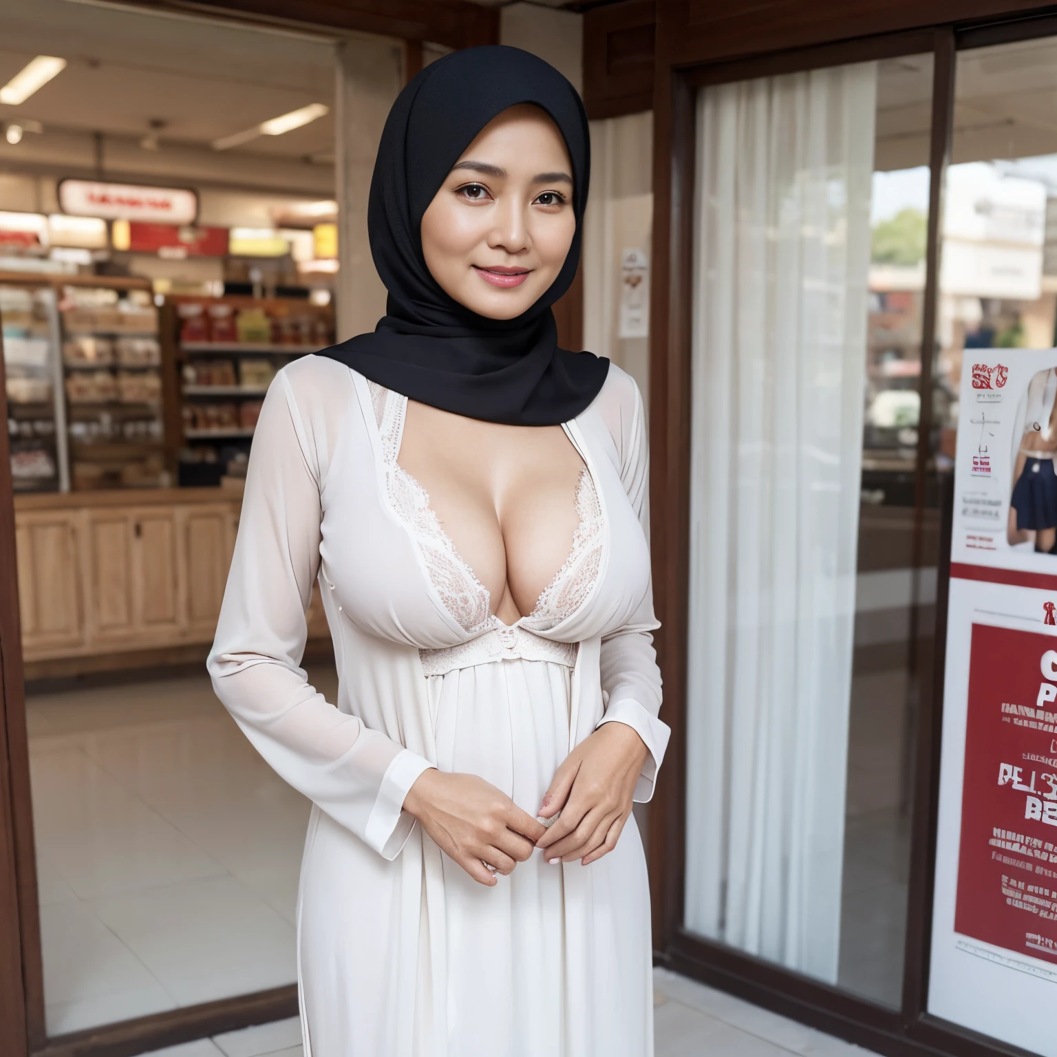 58-Years-Old,Female Store owner, Hijab Beautiful Indonesian Mature Woman, Wearing Tight Gamis, wearing bra, white Skin Like Porcelain, Realistic Ultra Gigantic Breast : 21.9,realistic wrinkels body, realistic Gigantic Breast through, PP cup Breast, Seducting Look, Lustful smiling, standing in front Of Store's