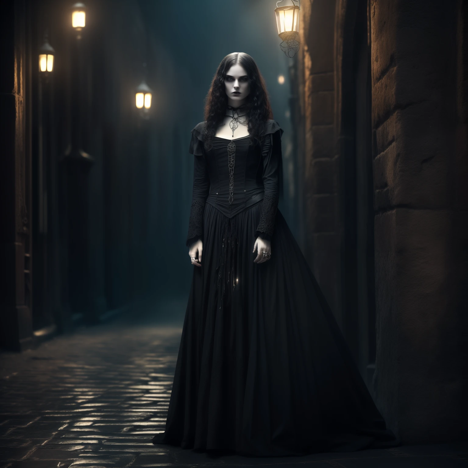 (gothic,pale,beautiful,serious)girl with (vibrant,purple), (piercing,deep)eyes filled with (dark,haunting)desire and (mysterious,unyielding)resolve. The (hauntingly,ethereal)atmosphere is (filled,tinged)with (subtle-melancholic-gothic)colors, as the (faint,flickering)candlelight (gently)dances upon the (damp,cobblestone)pavement. The (detailed,ornate)skull is adorned with (intricate,elaborate)carvings, its (empty,hollow)eye sockets (shining,glowing)with a (mystical,otherworldly)light. The girl's (ivory,pale)skin contrasts against the (deep,rich)colors of her (elegant,fitted)black dress, (accentuating,enhancing)her (graceful,elegant)silhouette The scene exudes a sense of (dark,romantic)intimacy and (eternal,endless)love, creating a captivating blend of beauty and darkness. The (highly-realistic,detailed)artwork awakens a mix of emotions, inviting viewers to explore the (deep,dark)depths of the human psyche. The (best quality,high-res)(4k,masterpiece:1.2) image captures every (intricate,subtle)detail, immersing the audience in this (gothic)moment in time.