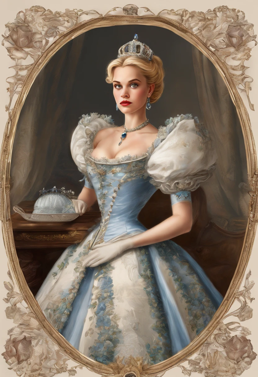 John Tenniel art, Formal and Official Coronation Portrait, Portrait of a stunningly beautiful young blonde Reese Witherspoon as a Queen wearing A Stately and Elaborate Royal Cinderella Court Gown with (((enormous puffed sleeves))), an hourglass waist, and a (((huge crinoline hoopskirt))) adorned with bows, embroidery, and jewels, long white gloves, pearl necklace and earrings