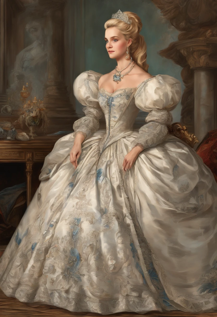 John Tenniel art, Formal and Official Coronation Portrait, Portrait of a stunningly beautiful young blonde Reese Witherspoon as a Queen wearing A Stately and Elaborate Royal Cinderella Court Gown with (((enormous puffed sleeves))), an hourglass waist, and a (((huge crinoline hoopskirt))) adorned with bows, embroidery, and jewels, long white gloves, pearl necklace and earrings
