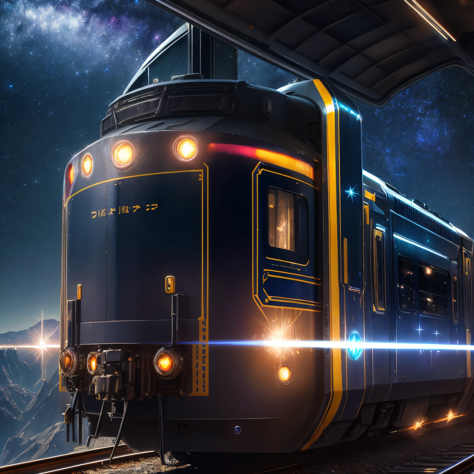 finest image, (8k, RAW photo, realistic), train, Galaxy Express, futuristic vehicle, streamlined, iridescent metal plated, detailed and delicate depiction and flashy and dynamic painting method, background galaxy, (magnificent view:1.5), professional flame