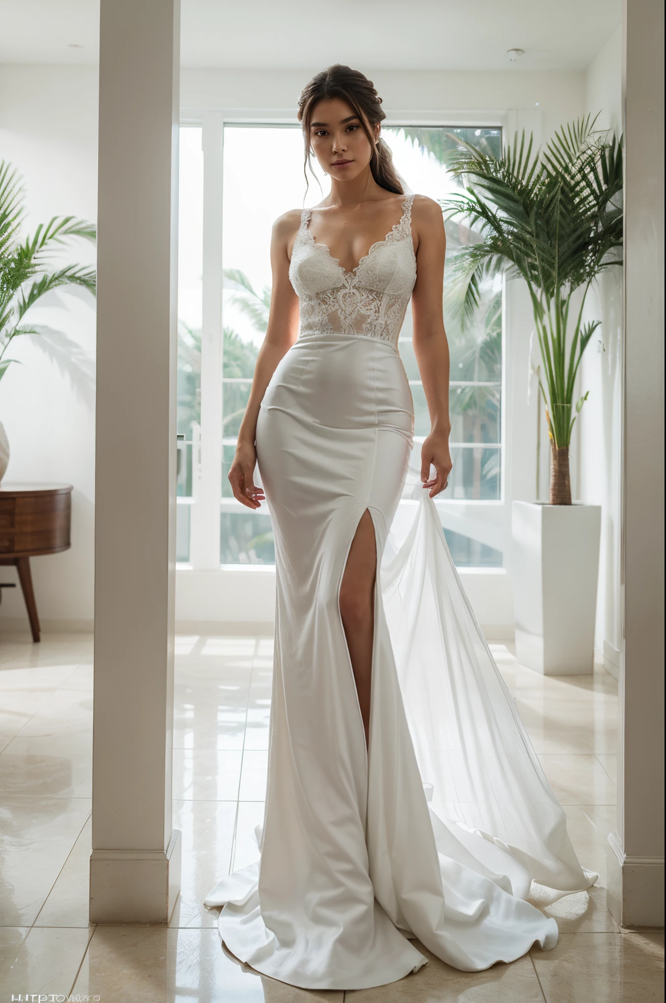 a beautiful woman in a white wedding dress holding a flower standing in a beautiful hotel garden background, pictorial setting, UHD, accurate, anatomically correct, masterpiece, textured skin, super detail, high details, high quality, best quality, award winning, highres, 8k