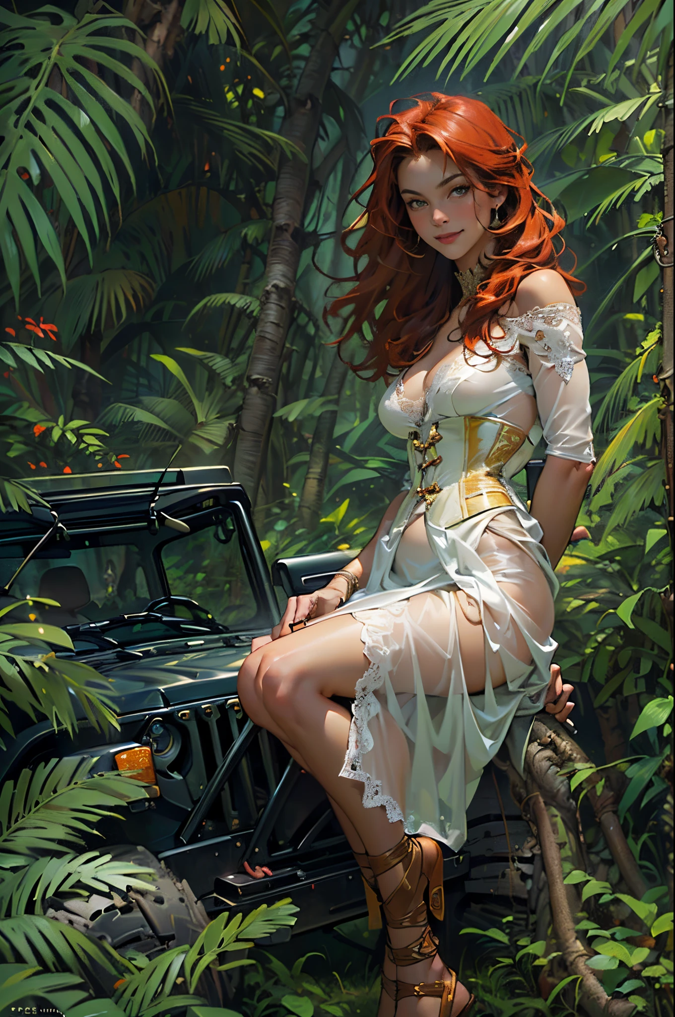 ((Many award-winning works, With incredible details, textures and maximum detail)), ((1female,confident smile,((Toothy smile)), ((Standing in front of SUV)), ((Sitting in an SUV)),(((convertible jeep))))),((Teenage girl,girl,A MILF,(head band),((the hair:horse tailed,bobo head,Qi bangs)),((slim sexy girl 1.8)),denim short,Booties,((adventure set)))),((Wearing:Pilot leather jacket,Tattered jeans)),(Full-body image:1,2), (up of the upper body:0.4), (The best quality real textured skin), ((five perfect and beautiful fingers)), (Anatomically correct limbs and physique:1.5), (Delicate, round and symmetrical eyes), (exquisite and beautiful face:1.6), ((Background with:(Jungle trails),(deep in dense woods),((the rainforest,jungles)))), (the complex background,Complicated details:1.2), late 1990s,Retro nostalgia,((dynamic viewing angle+dynamic compositions)),((Sexual suggestiveness)),(Fechin Oil Painting - Fechin Oil Painting , oil painted), Deep in the jungle,(SUV),003