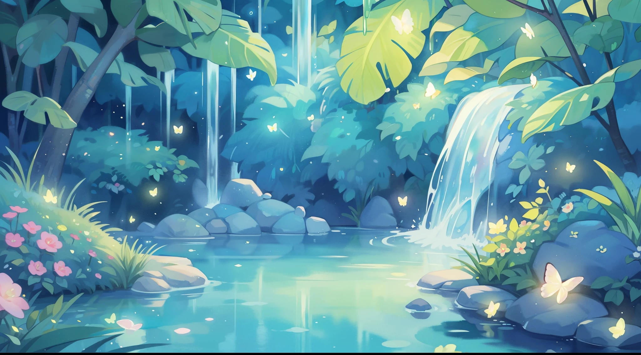 picture book illustration, watercolor storybook illustration, vibrant pastel colors, dreamy, colorful, whimsical, magical, masterpiece, best quality, sharp focus, intricately detailed environment, fine detail, 8k resolution, waterfall lagoon, (magical lagoon), (waterfall, lake), (glowing lights, fireflies, glowing butterflies