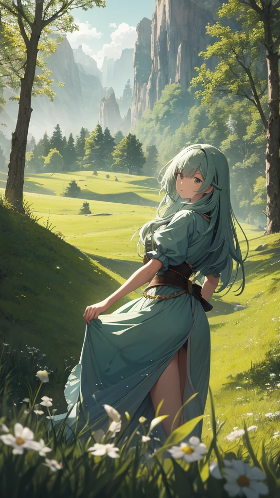 In a green meadow stands a girl leading a group of knights.
BREAK
With a brave expression, she guides them towards their destination.
BREAK
Behind her, a green forest stretches out and beyond that, mountains rise in the distance.
BREAK
The most suitable effect for this scene would be a watercolor painting technique to capture the softness of the meadow and the fluidity of the movement.