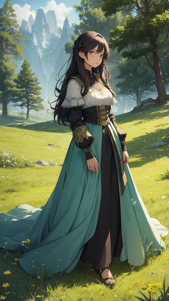 In a green meadow stands a girl leading a group of knights.
BREAK
With a brave expression, she guides them towards their destination.
BREAK
Behind her, a green forest stretches out and beyond that, mountains rise in the distance.
BREAK
The most suitable effect for this scene would be a watercolor painting technique to capture the softness of the meadow and the fluidity of the movement.