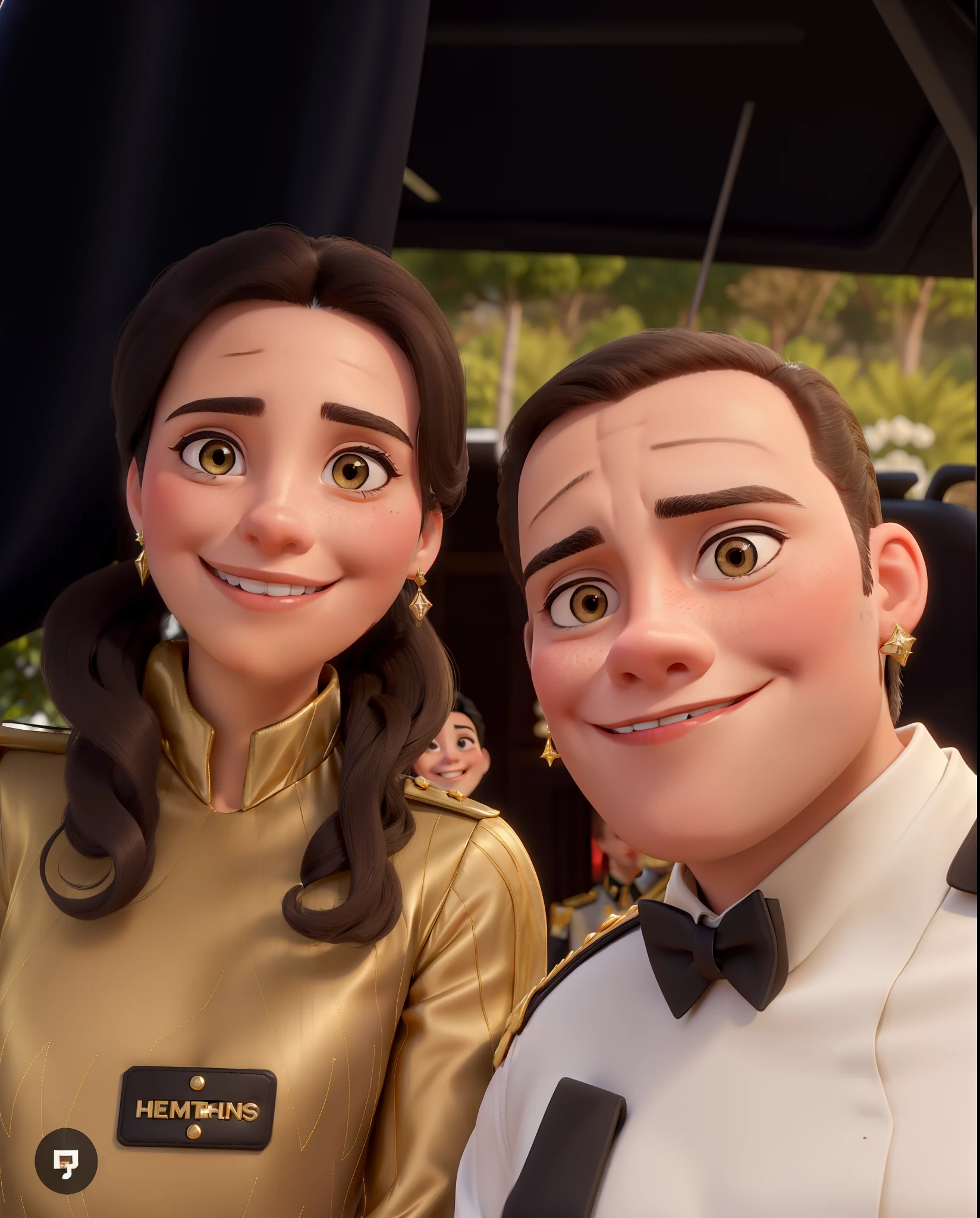 A young couple, both smiling, she's a beautiful civilian woman in a gold stunning party dress with shining diamond earings, he's a military officer in a white uniform, both black haired, they love each other.