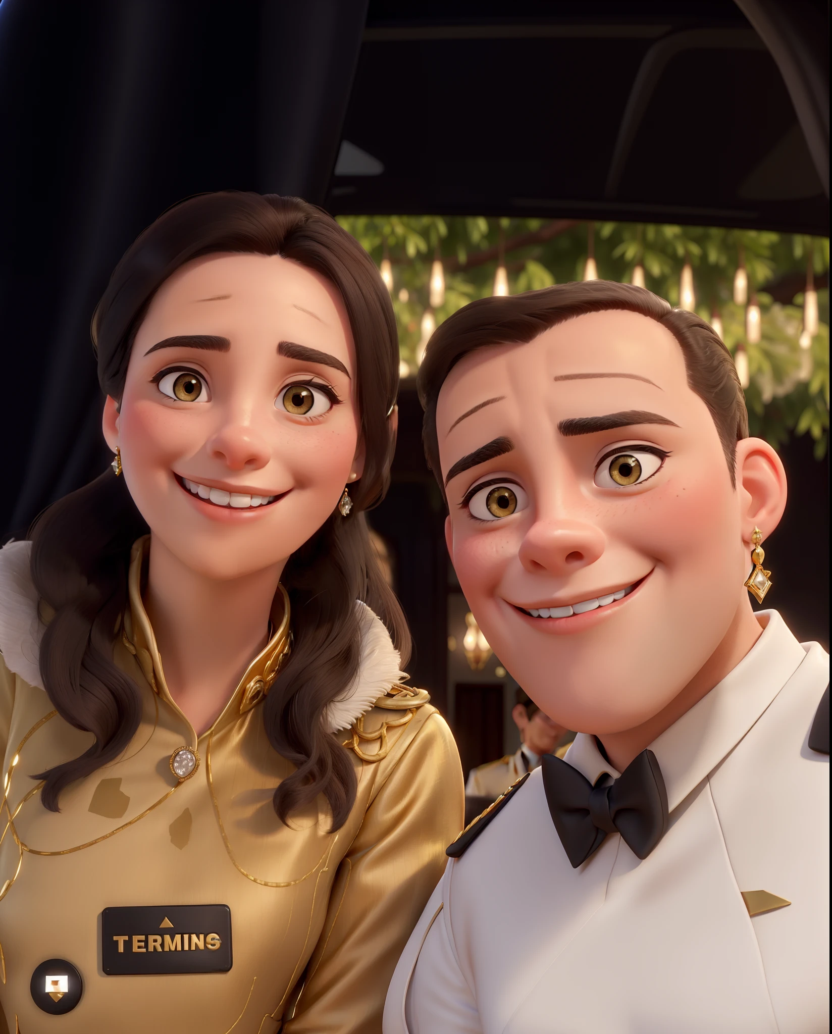 A young couple, both smiling, she's a beautiful civilian woman in a gold stunning party dress with shining diamond earings, he's a military officer in a white uniform, both black haired, they love each other.