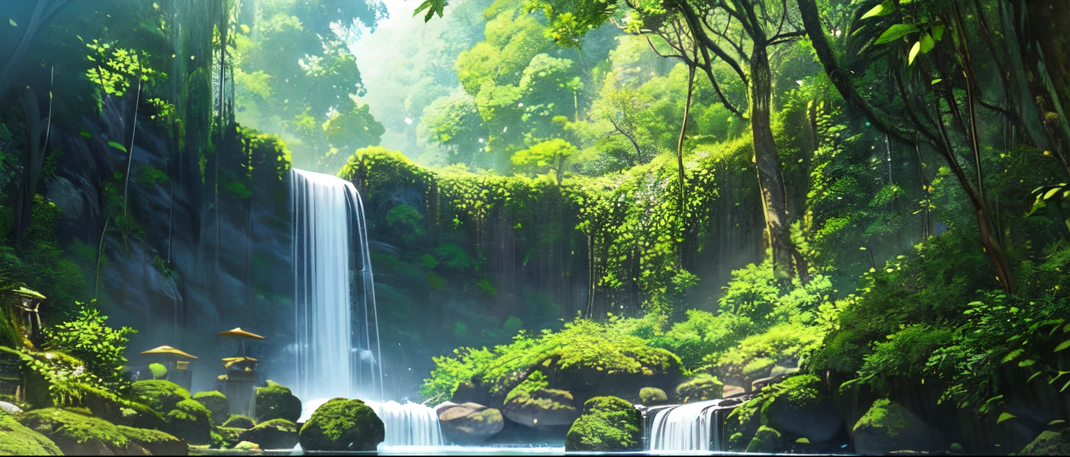 A breathtaking waterfall roars within the heart of the rainforest, its cascading waters reflecting the vibrant hues of surrounding foliage. An enchanting oasis emerges, concealed amid the dense greenery, inviting exploration into nature's hidden marvels