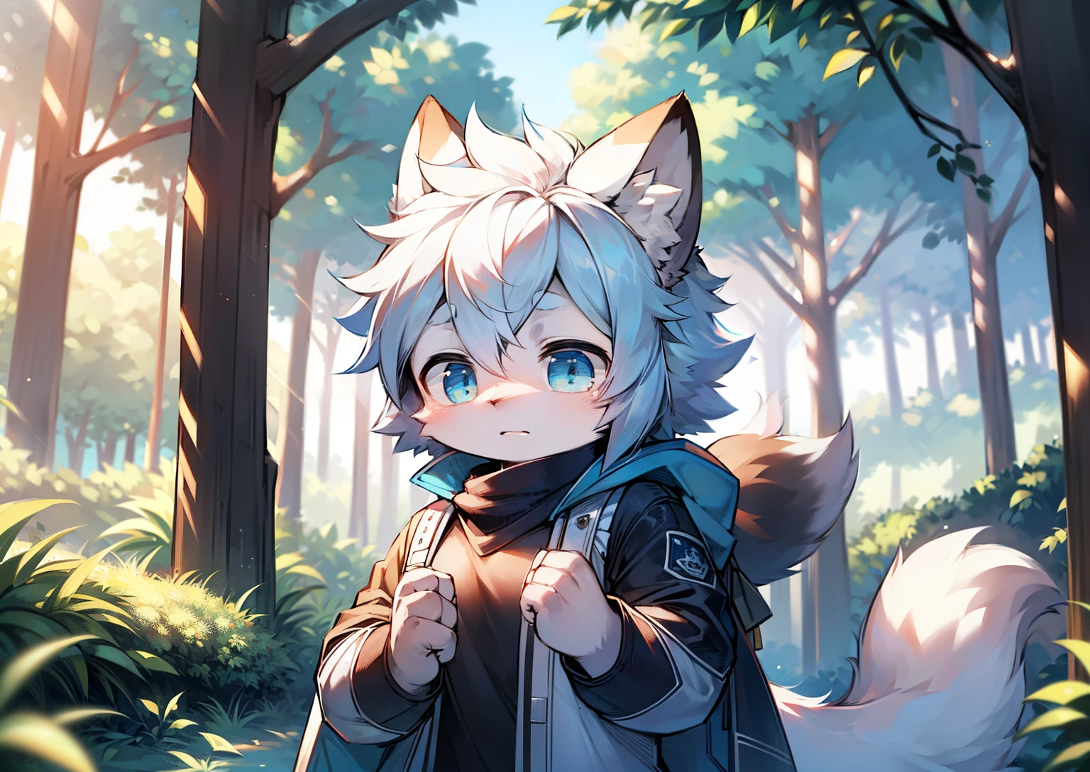 schoolboy，furry wolf，furry wolf，((Fury))，((shota)), Blue and white hair, Have a good figure, Handsome，Cute big breasts, optics：Ultimate light and shadow, Reflective skin,Redness of the skin，((worn-out clothing，Commoner)) ，((Deep in the forest，flagstone road，The flag，独奏，the only person))，Outdoor sunset，((the detail))，（depth of fields），The stands up