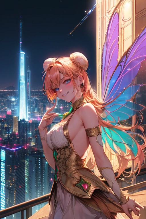 {{masterpiece,Best Quality}}, top-quality, Delicate background,delicated face,Super delicate,Ultra-detailed CG Unity,8k wallpaper, lensflare, (colourfull:1.5),Detailed beautiful eyes,((Leprechaun)),android fairy,((Machine feathers)),Bun hair,a smile,((Golden hair)),sparkling blue and pink eyes,cyberpunked,a hologram,Neon lights flying around,nighttime scene,Perfect human body structure,On top of the building,Shining Buildings,Cyberpunk City,