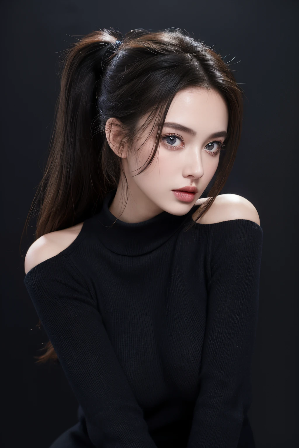 ultra high res, masterpiece, best quality, perfect glossy shiny skins, black sweater, looking at viewer, off shoulder, ((huge breasts;1.5)), Exposed cleavage, blue Eyes, sharp face, sharp eyes, ((Dark background)), open mouse, pony tail,