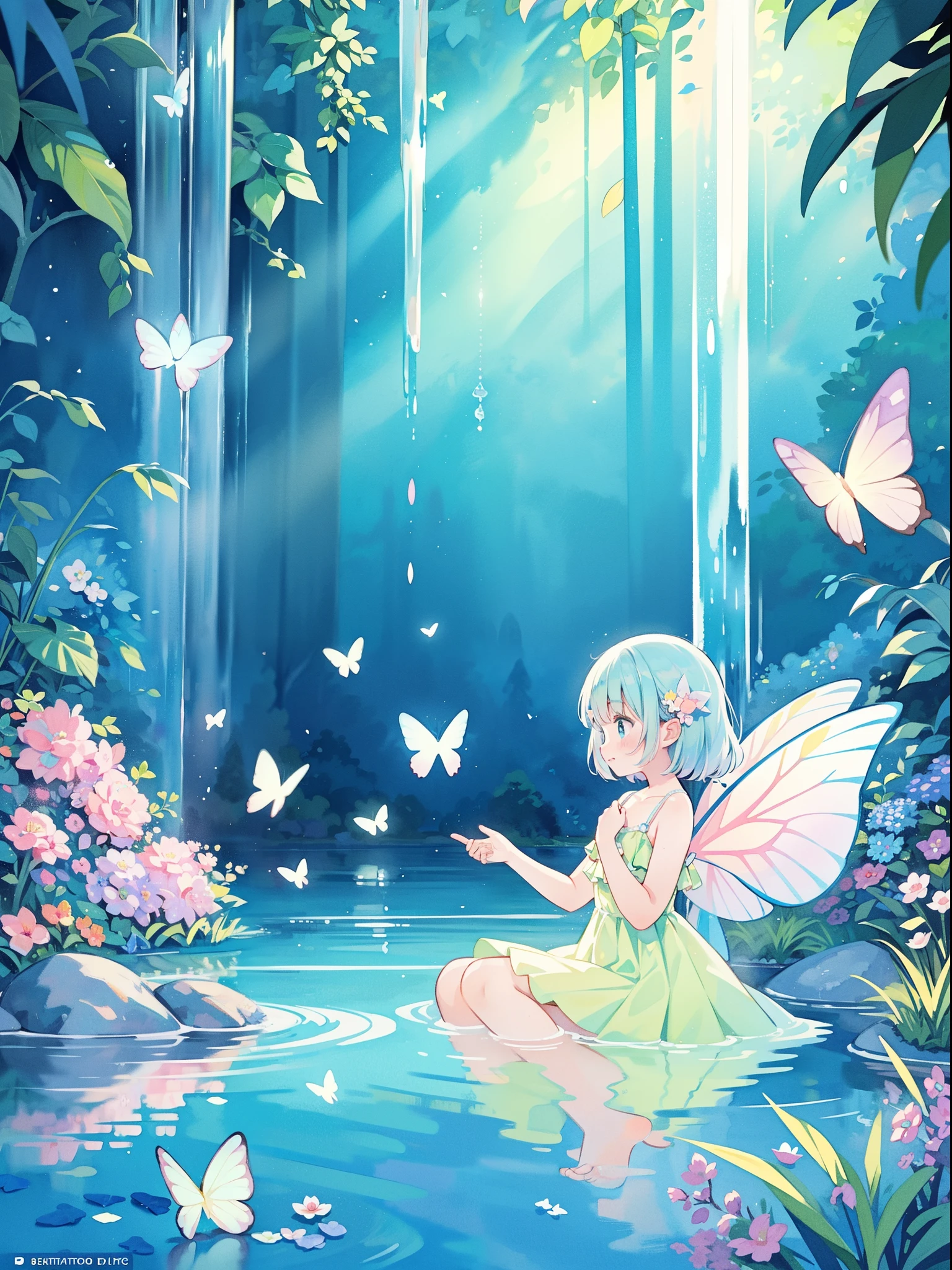 A girl sitting in a pond surrounded by butterflies - SeaArt AI