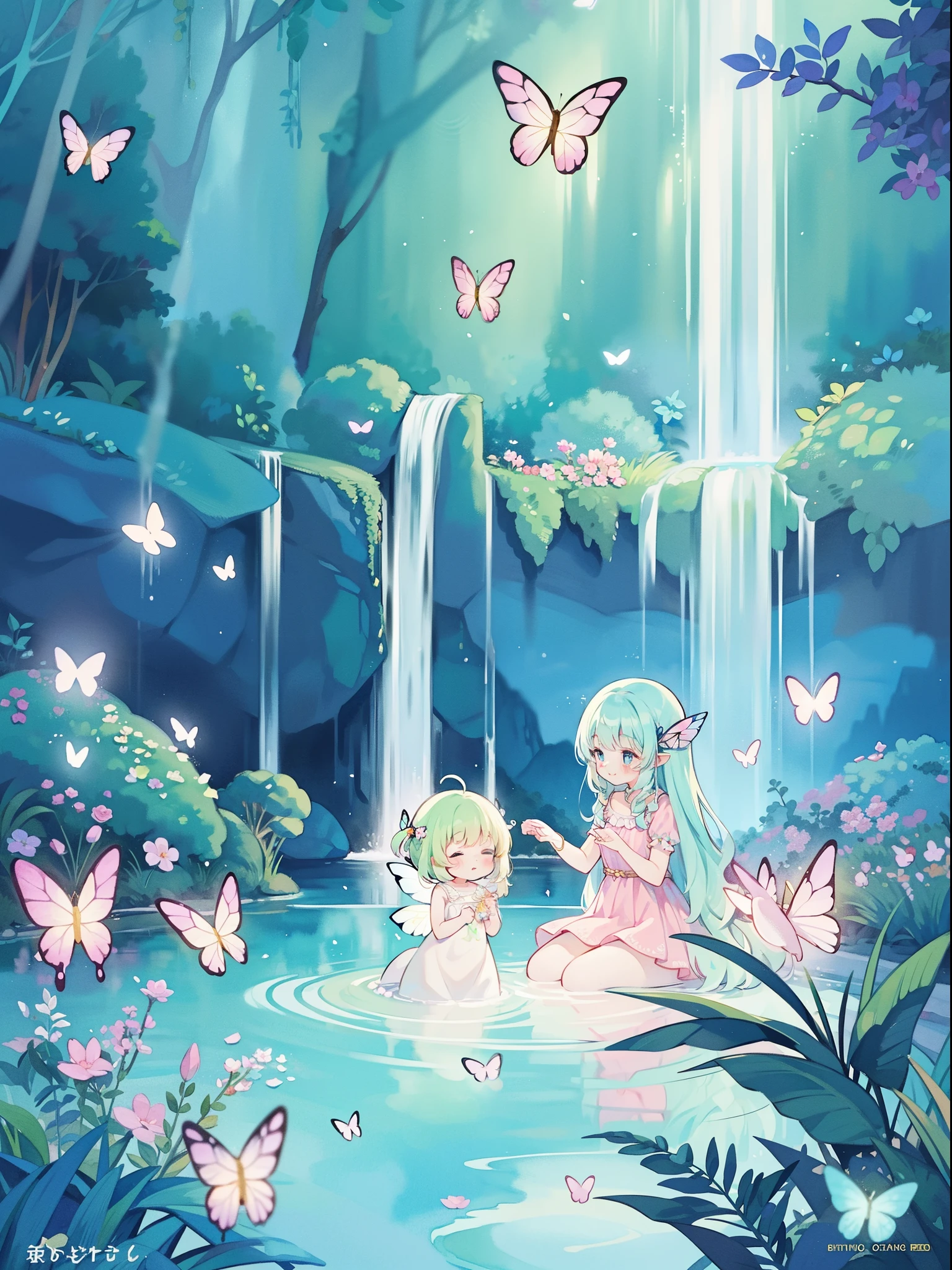 picture book illustration, watercolor storybook illustration, vibrant pastel colors, dreamy, colorful, whimsical, magical, masterpiece, best quality, sharp focus, intricately detailed environment, fine detail, 8k resolution, waterfall lagoon, (magical lagoon), (waterfall, lake), (glowing butterflies), beautiful magical fairy creatures, beautiful, golden ratio, perfect composition, perfect