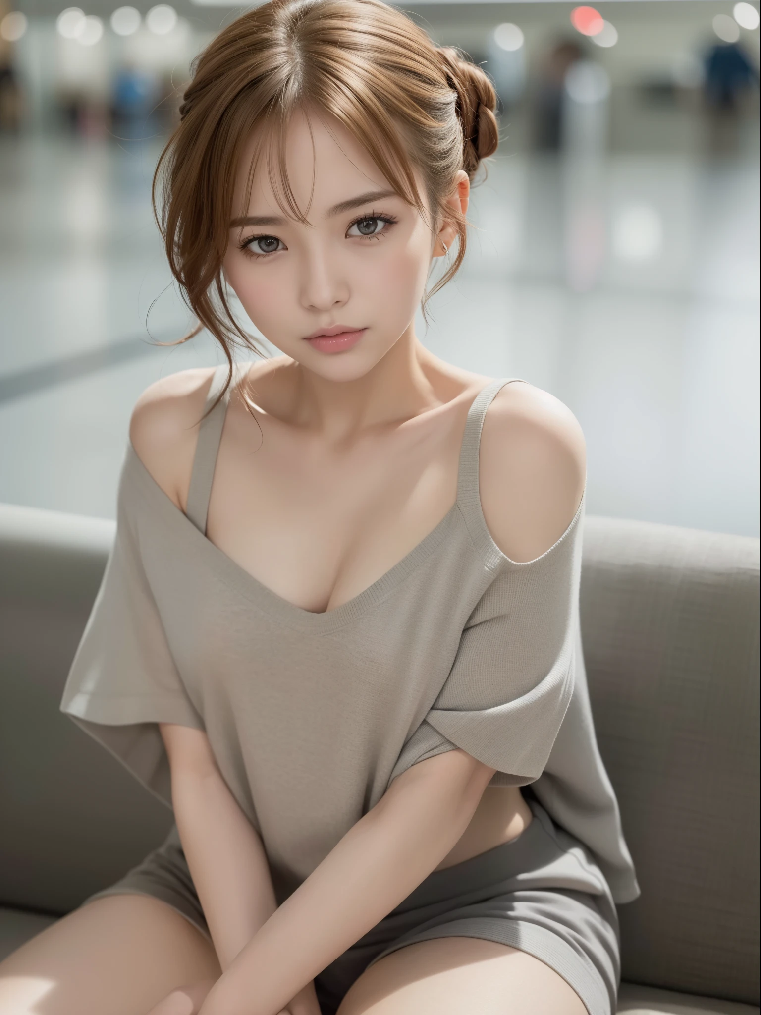 ((of the highest quality, 8K, masutepiece: 1.3, Raw photo)), Sharp Focus: 1.2, (1 AESPA Girl :1.1), Solo, (Realistic, Photorealistic: 1.37), (Face Focus: 1.1), Cute face, hyperdetailed face, (short messy hair), (updo: 1.2), Small breasts, flat chest, nude, Thigh, airport, terminal, Restricted cap, sitting, spread legs