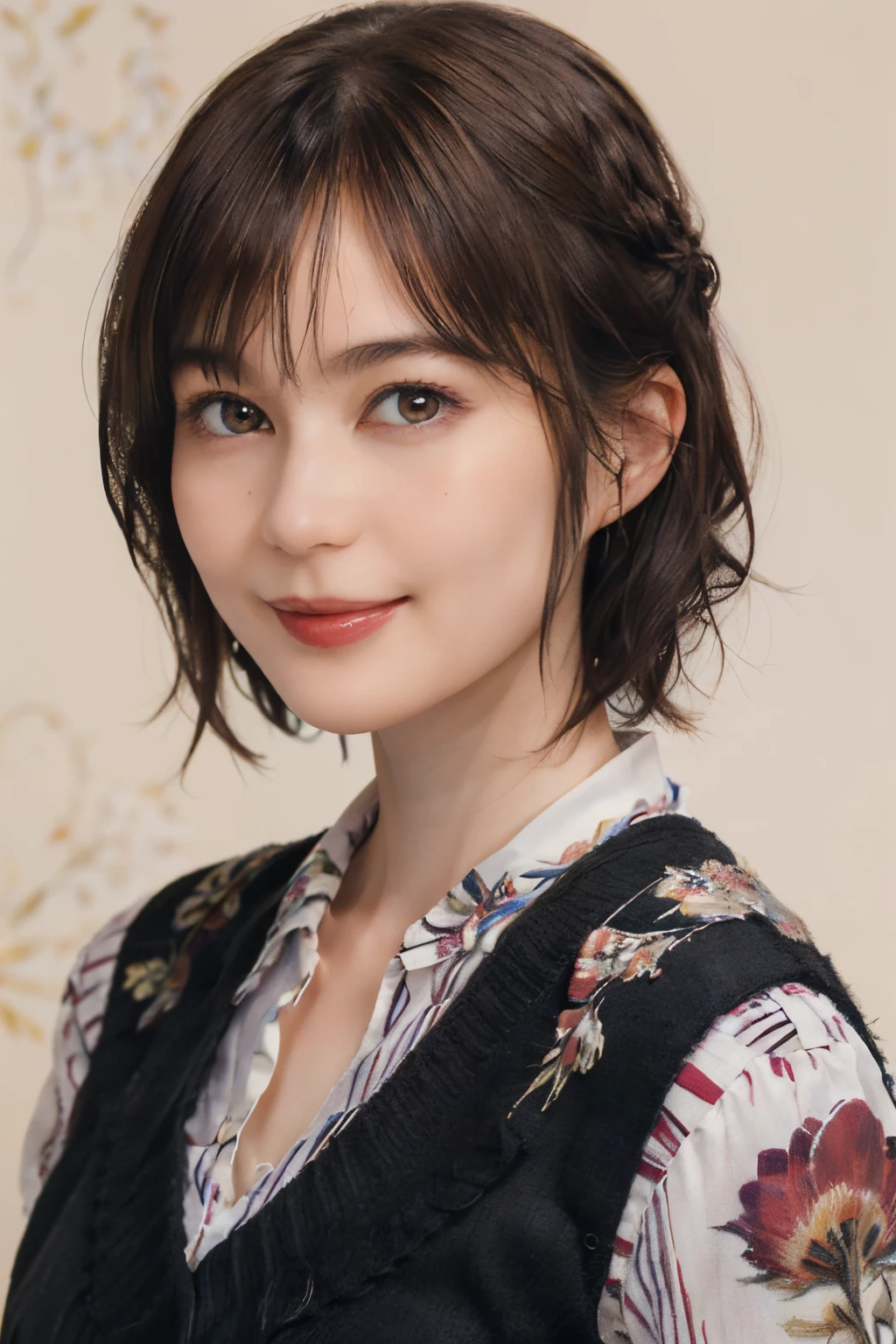 106
(a 20 yo woman,is standing), (A hyper-realistic), (high-level image quality), ((beautiful hairstyle 46)), ((short-hair)), (Gentle smile), (Keep your mouth shut), (The picture is a trick&#39;The eye), ((trickart:1.46)), (lipsticks), breasted