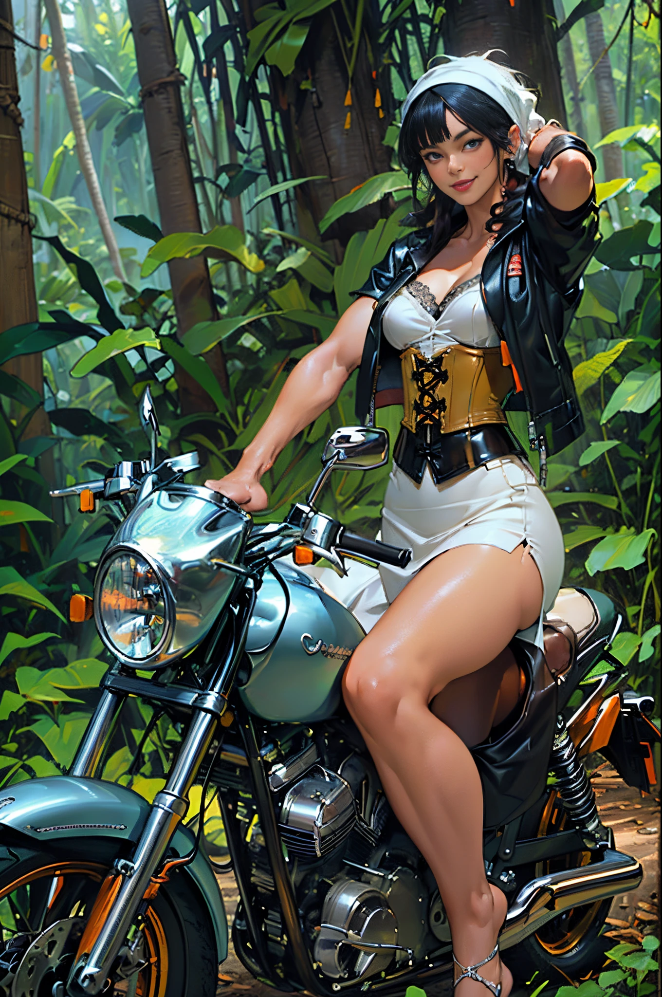 （(Many award-winning works, With incredible details, textures and maximum detail)）, ((Confident 2 people，Male and female，Full body photo, ((Stand in front of the motorcycle)), ((Riding on a motorcycle))，(((Harley motorcycles))))),（(ember：Dark complexion，((Men wear：black leather clothes，jaket，Tattered jeans))，(Thick body hair)，((Tall and well-proportioned figure))，((muscular))，((confident smile))，（(female pervert：s girl，girl，A MILF，((confident smile))，Wearing：((canvas jacket，petite underwear))，(head band, hijabi sluty)，((the hair：horse tailed，bobo head，Qi bangs))，((Big breasts corset))，long  skirt，white lace dress，((slim sexy girl 1.8))))，((adventure set))， (Full-body image:1,2), (up of the upper body:0.4), (The best quality real textured skin), ((five perfect and beautiful fingers)), (Anatomically correct limbs and physique:1.5), (Delicate, round and symmetrical eyes), (exquisite and beautiful face:1.6), ((Background with：(Jungle trails)，(deep in dense woods)，((the rainforest，jungles))))， (the complex background，Complicated details:1.2), late 1990s，Retro nostalgia，((dynamic viewing angle+dynamic compositions))，((Sexual suggestiveness))，(Fechin Oil Painting - Fechin Oil Painting , oil painted), 002