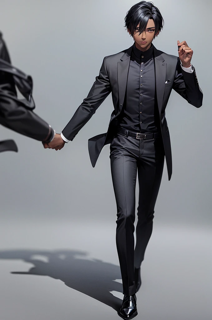 1 boy, striaght black hair, dark skin, grey stylish outfit, ultrasharp, 8k, masterpiece,