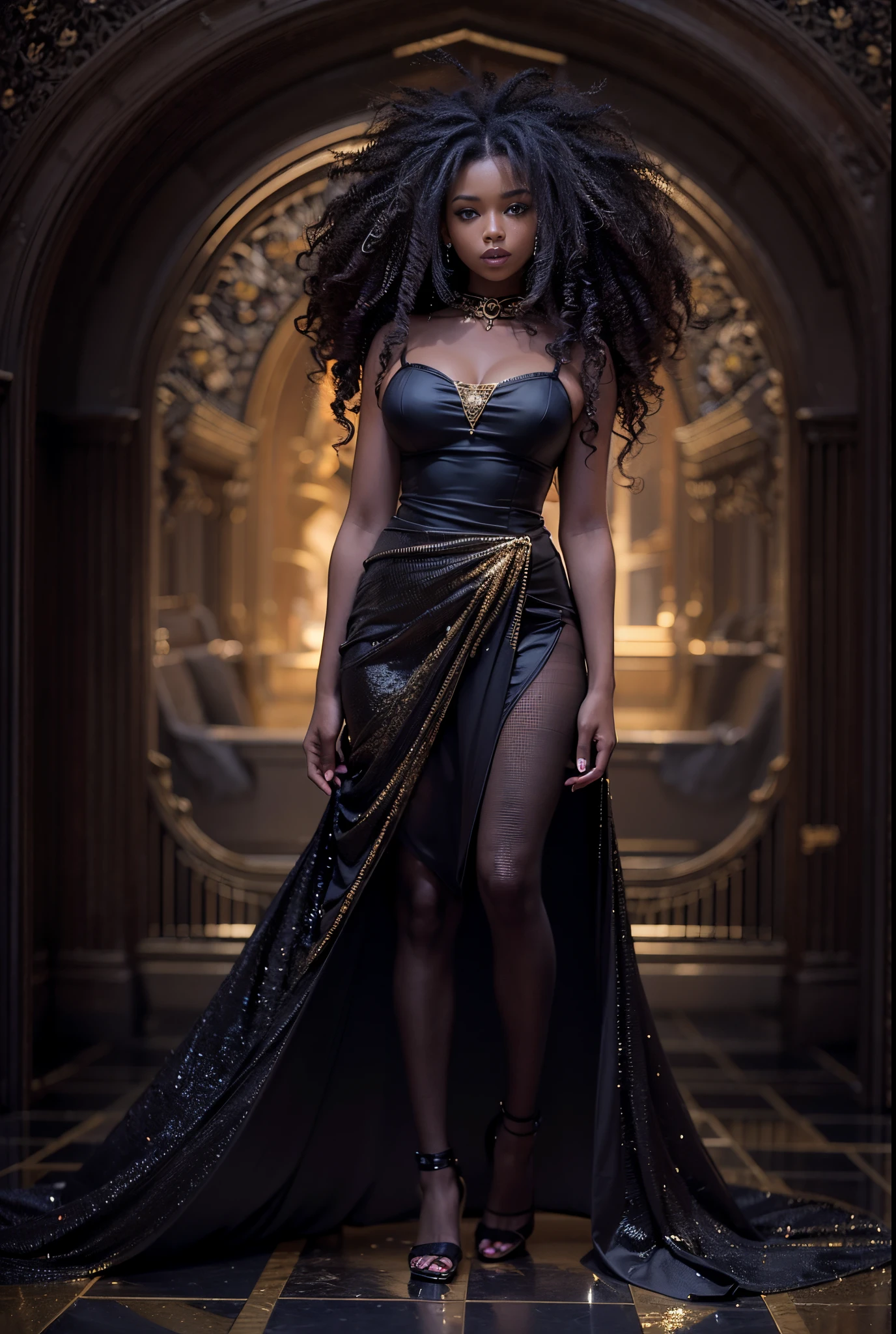 (best quality,4k,8k,highres,masterpiece:1.2),ultra-detailed,(realistic,photorealistic,photo-realistic:1.37),gorgeous black woman, seductive gaze, elegant posture, gothic background, sensual beauty, glamorous fashion, elegant gown, dark colors, moody lighting, full body pose