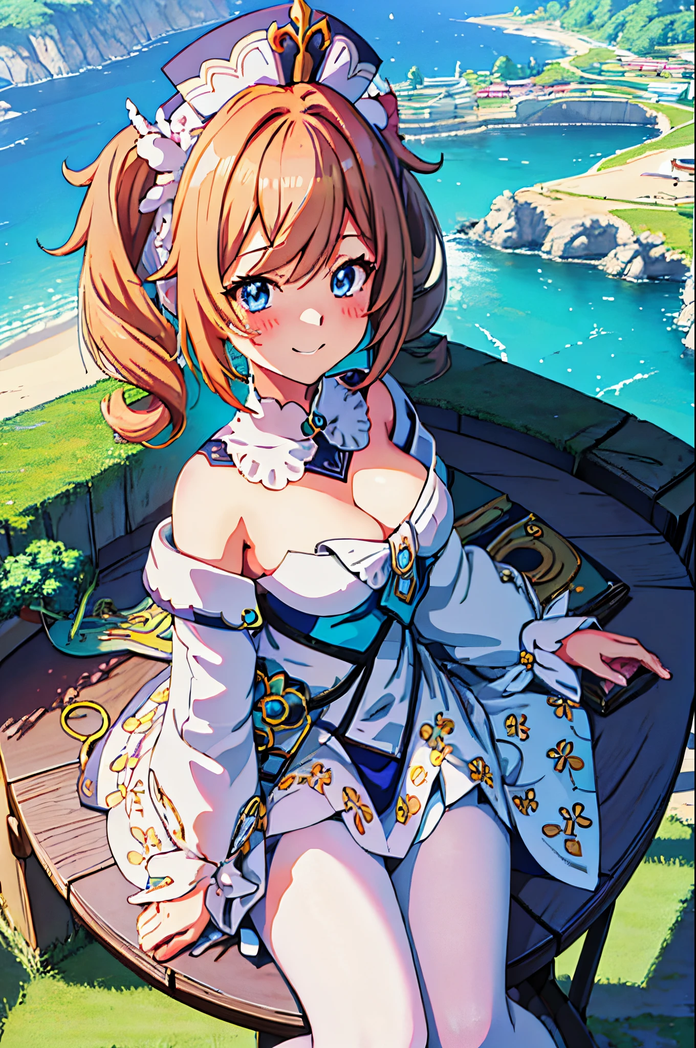 masutepiece, Best Quality, anime image, Anime style, barbara \(GenshinImpact\), sitting on table, showing the view from above, smil, 1girl in,nffsw,red blush, Colorful pastel fantasy.