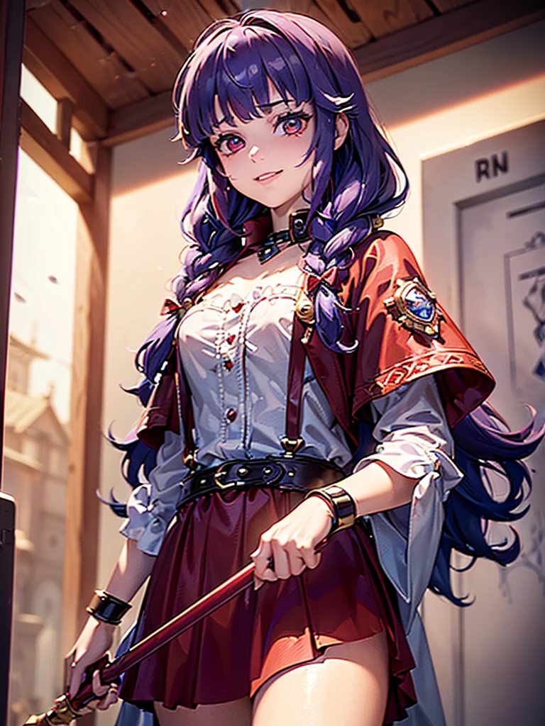 (masterpiece, best quality:1.2),illustration,8k,hd,1girl,solo,upper body,(portrait:1.2),breasts,gloves,purple eyes,fingerless gloves,purple hair,hairband,long hair,red hairband,jewelry,skirt,earrings,hair ornament,smile,star hair ornament,short sleeves,sash,puffy short sleeves,vest,shoes,pantyhose,