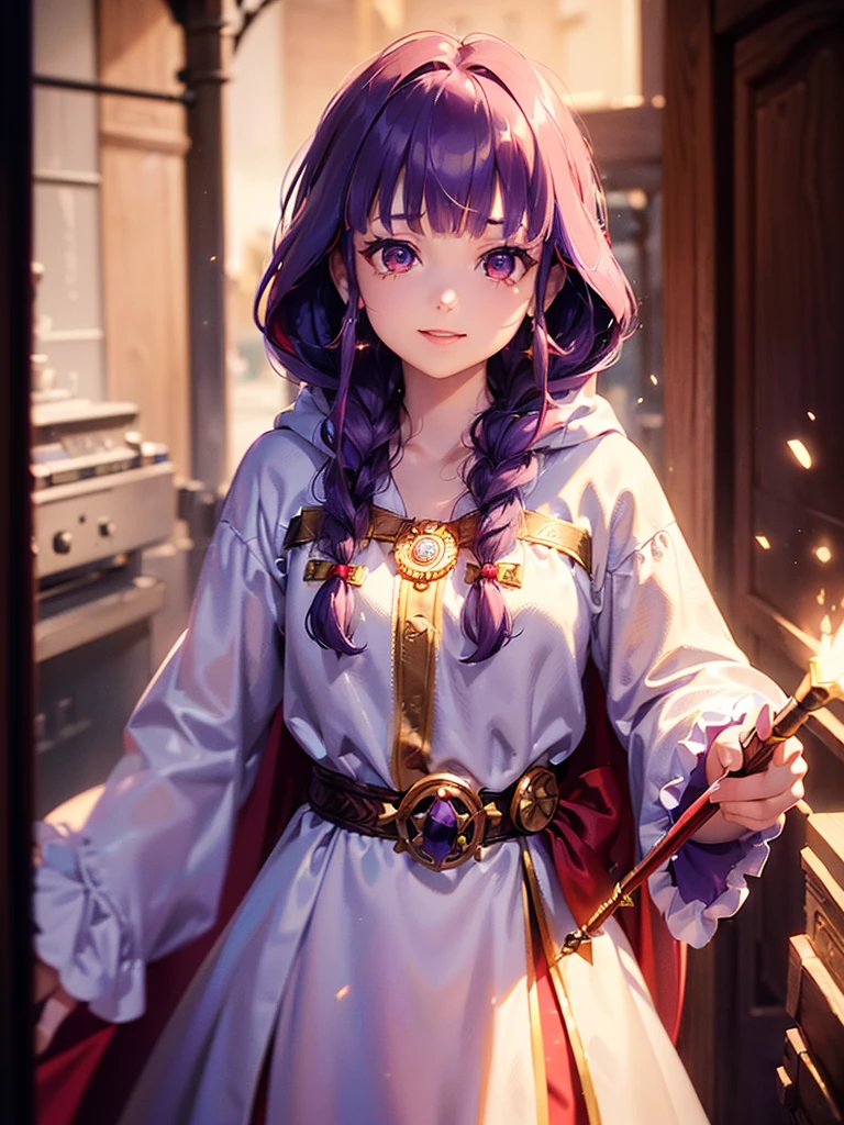 ((((Princess of Moonberg)))), ((1little girl)), 13years, ((drooing eyes)),(((deep purple hair))), ((Blunt bangs)), (Fluffy long hair), (single braid), (Deep red eyes), Pearl earrings,
((((red hood)))), (Roto emblem on the hood), (((Red Stall))), ((White robe with red edging)),
Holding a magic wand in his left hand,
masutepiece, Best Quality, (the Extremely Detailed CG Unity 8K Wallpapers), (Best Quality), (Best Illustrations), (Best Shadows), (((Particle effect))), Isometric 3D, Octane Rendering, Ray tracing, super detailed,Smile