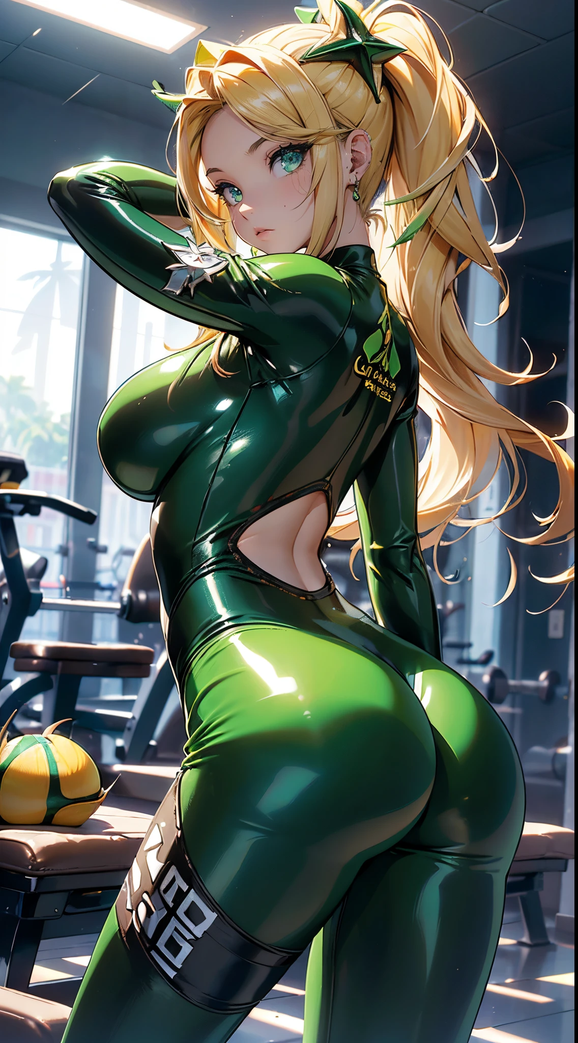 rear view, backside view,mejor calidad，tmasterpiece，ultimate resolution，Suave，extremadamente colorido，De color，Princesa sirena，(verde limón latex bodysuit:1.4)，Medias de tirantes negras，Starrysky Android!,More detailed 8K.motor irreal:1.4,UHD,La mejor calidad:1.4, fotorrealista:1.4, textura de la piel:1.4, obra maestra:1.8,obra-prima, mejor calidad,objeto Objeto], (detailed face features:1.3),(dentro de un gimnasio azul:1.4),(cabello amarillo largo:1.4),（Beautiful and detailed eye description）,(manos detailed:1.4), (white ropa deportiva:1.4), Ultra-detallado,ojos detailed,