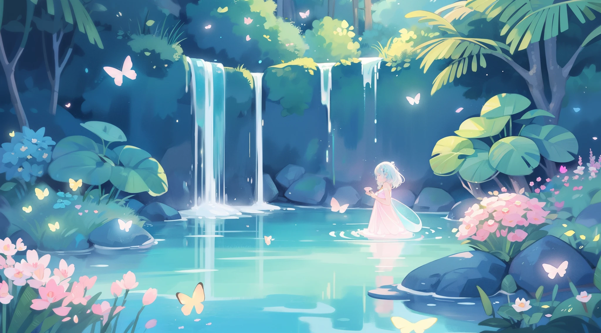 watercolor illustration, vibrant pastel colors, dreamy, colorful, whimsical, magical, masterpiece, best quality, sharp focus, intricately detailed environment, fine detail, 8k resolution, waterfall lagoon, (magical lagoon), (waterfall, lake), glowing butterflies, ((glowing beautiful female spirit figure in the water))