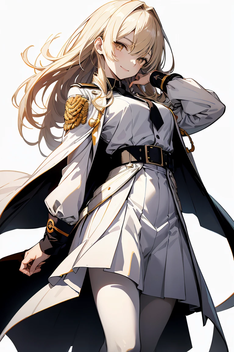 1 girl in, Full body, White one-piece military uniform, (masutepiece:1.2, Best Quality), (finely detailed beautiful eye: 1.2), (beautifull detailed face), High contrast, (Best Illumination, extremely delicate and beautiful), ((Cinematic Light)), Dramatic light, very orange eyes, flat chest, Belt under the chest, White military uniform, White skirt, blonde  hair, Black tie,  (Pale white background:1.5), Wolf cut hair, shoulder length hair, Look at me and smile, Dynamic Pose,