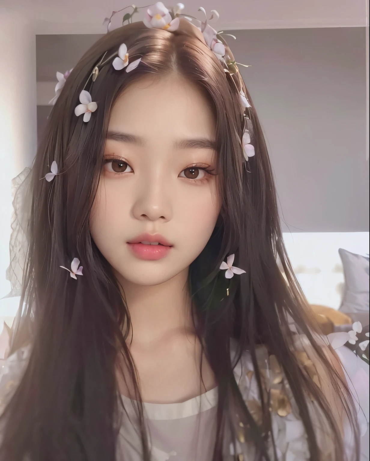 a close up of a woman with long hair wearing a flower crown, blackpink jennie, jaeyeon nam, beautiful south korean woman, young adorable korean face, gorgeous young korean woman, ulzzang, wan adorable korean face, aesthetic cute with flutter, beautiful young korean woman, korean girl, jinyoung shin, her face looks like an orchid, heonhwa choe