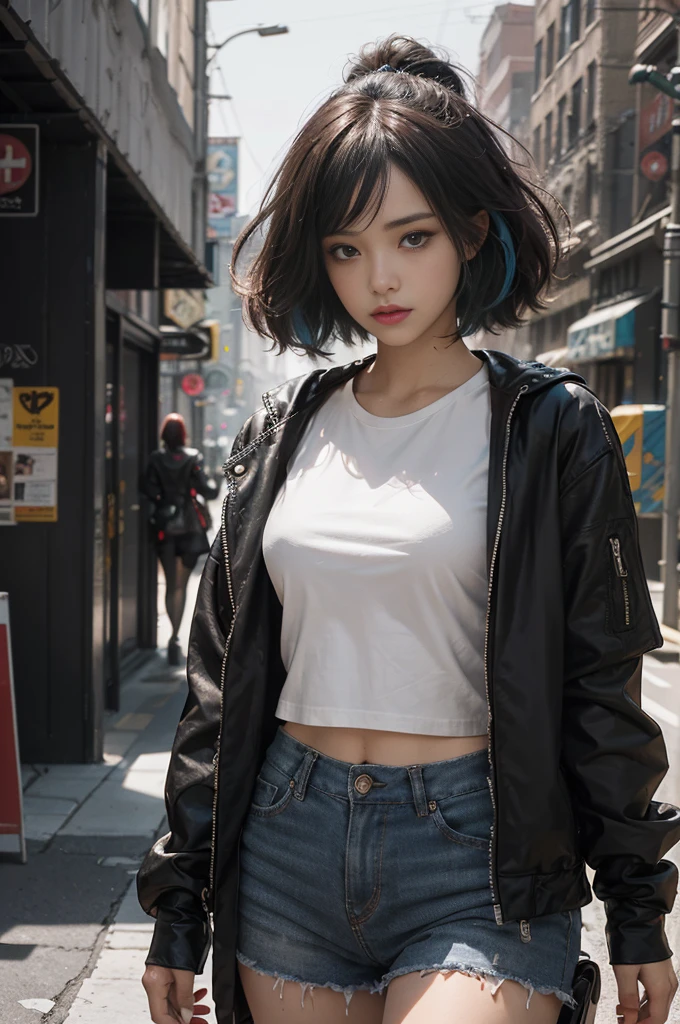 8K, Best Quality, Extremely Detailed, Korean Woman, 23 year old, smokey makeup, black hair, short hair, dark blue hair, wavy hair, shy eyes, Seoul, slender body, strapless shirt, jacket, skinny jeans, medium shot, warm sunlight