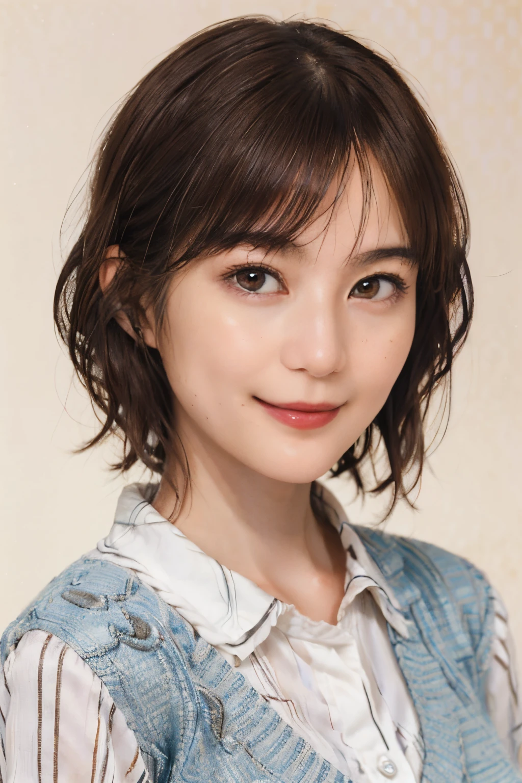 106
(a 20 yo woman,is standing), (A hyper-realistic), (high-level image quality), ((beautiful hairstyle 46)), ((short-hair)), (Gentle smile), (Keep your mouth shut), (The picture is a trick&#39;The eye), ((trickart:1.46)), (lipsticks), breasted