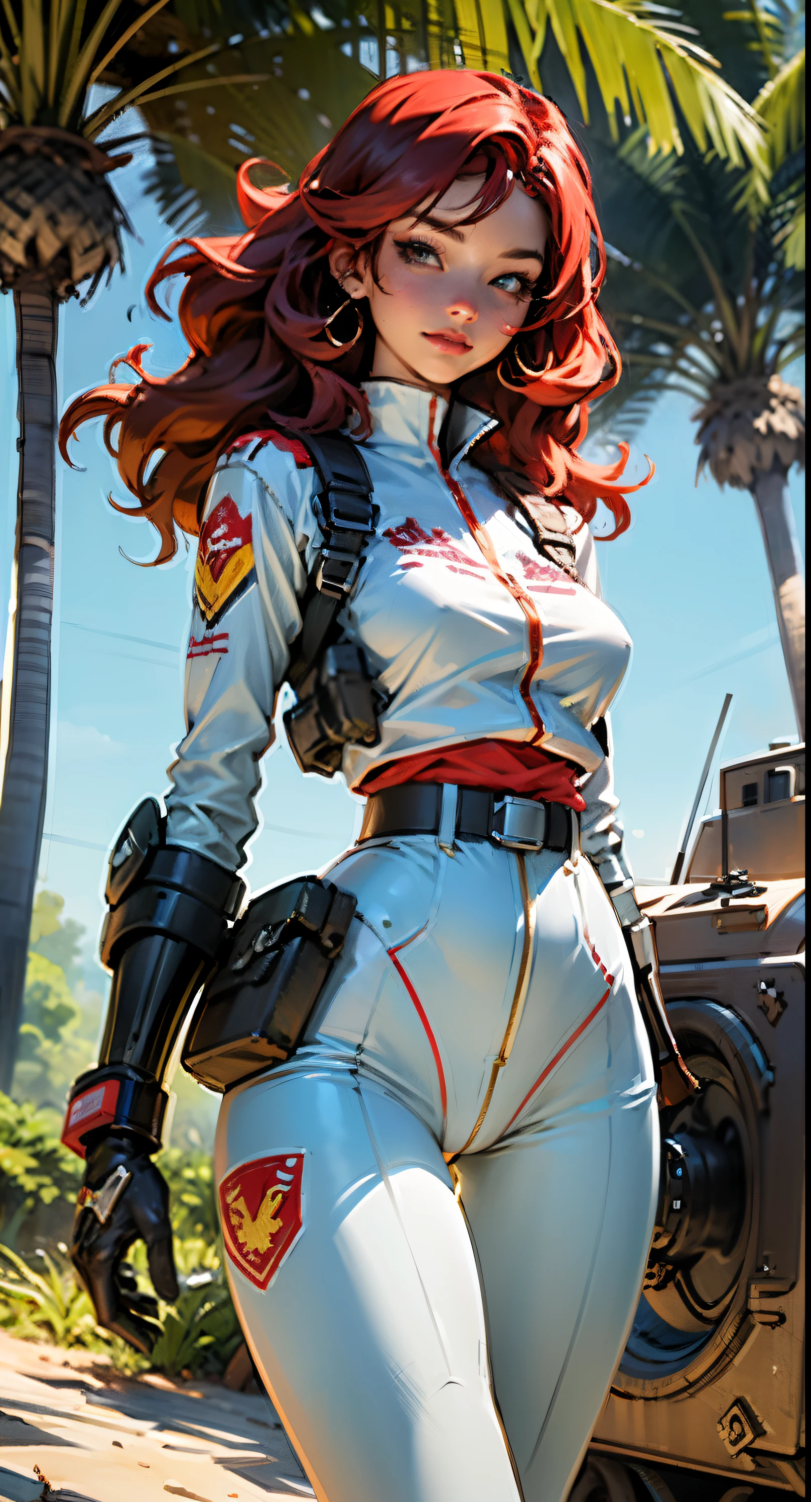1woman 20 years old, military, beautiful, perfect body, realistic, red hair, perfect body, thin waist, , large breasts, slim thighs, desert background, armored vehicle, flying fighters, military robot dog, camouflaged uniform, wealth of details, tight panties, marking on the front, slender knees, highly detailed, high resolution, prefect hands, slender thighs, show knees, thigh gap, alert eyes