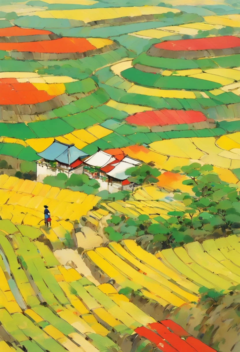 Wu Guanzhong, Mondrian, ricefield, terraced, Winding paths, rustic, Quiet, abstracted, lineworks, Leave white space, Overlooking, Minimalist, close-up, negative space, atmospheric perspective, masterpiece