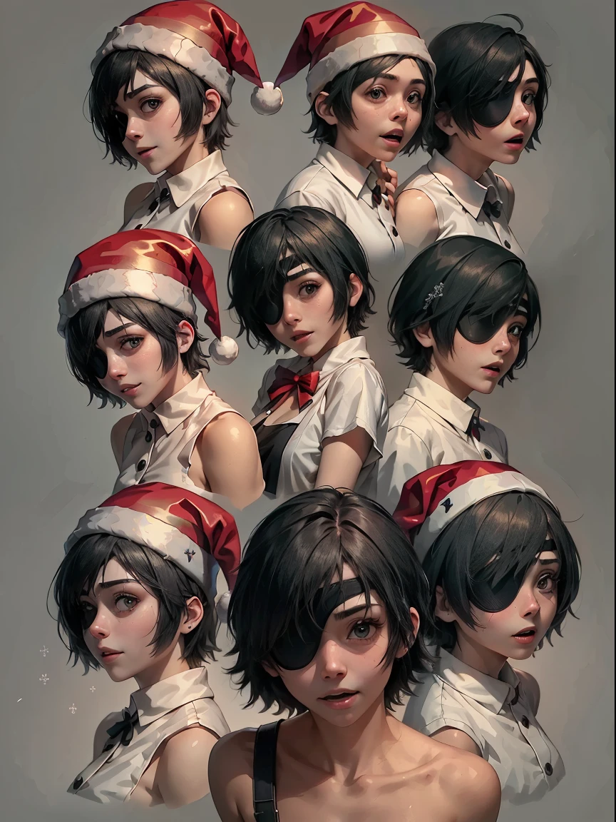 (master piece: 1.1), (himeno \(chainsaw man\)), wearing eyepatch, chibi, multiples, 9 tables, 9 poses and expressions, ((multiple poses and expressions)), detailed face, detailed turquoise-colored eyes, black hair, short hair, dress, shy, anime character, (christmas costume), christmas clothes, (happy), (wearing red hat on his head), (simple gray background)