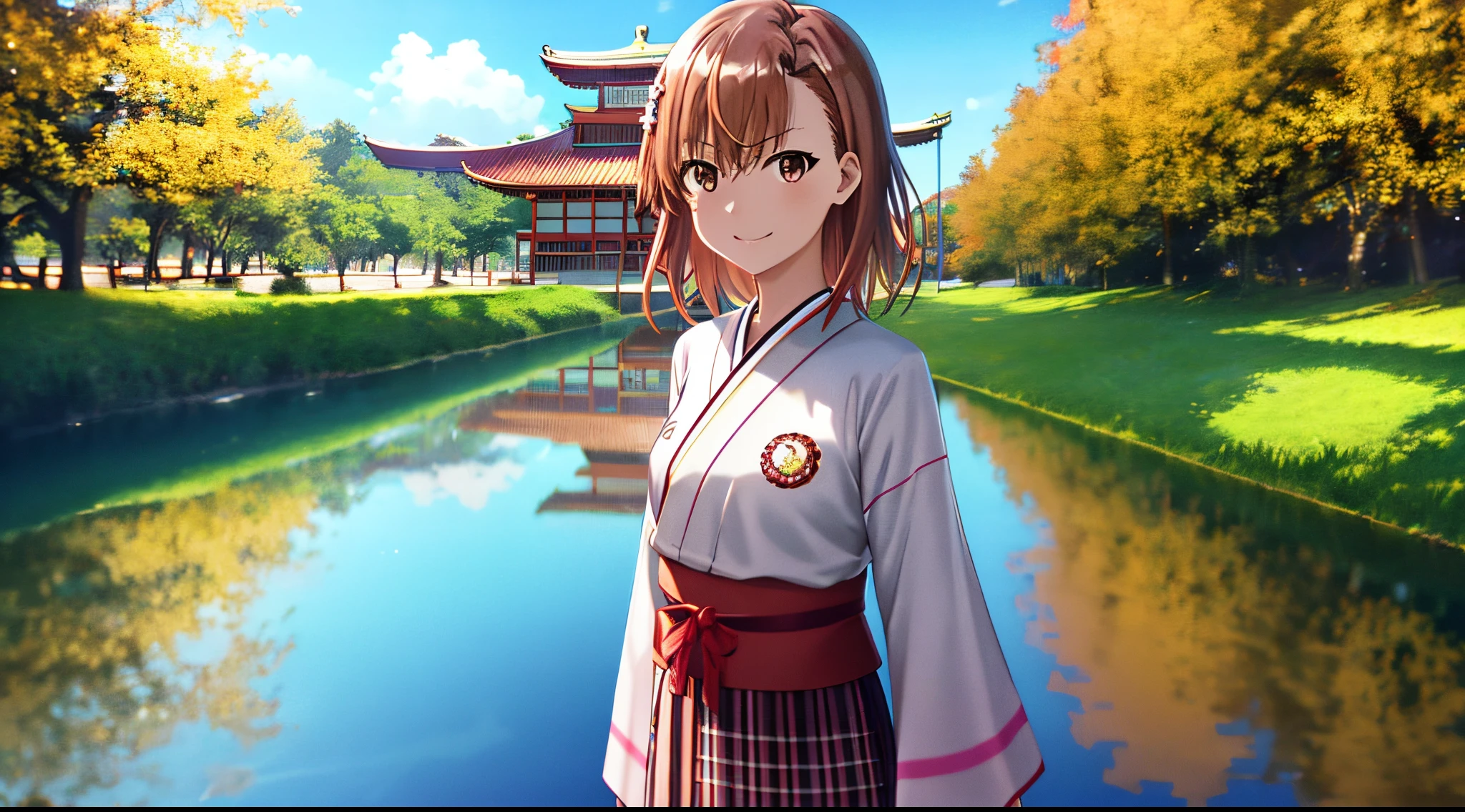 Misaka mikoto, 1girl, teen girl, kawaii, solo, chestnut hair, hairpin,brown eyes, standing, looking at viewer,smile,kimono,praying beads on neck, long skirt,colorful flowers field athens temple in background,anime style,deep depth of field,wide angle view,Lumen Reflections,Screen Space Reflections,Diffraction Grading,Chromatic Aberration,GB Displacement,Scan Lines,Ray Traced,Anti-Aliasing,FXAA,TXAA,RTX,SSAO,Shaders,OpenGL-Shaders,GLSL-Shaders,Post Processing,Post-Production,cell Shading,Tone Mapping,CGI,VFX,SFX,insanely detailed and intricate, 4K