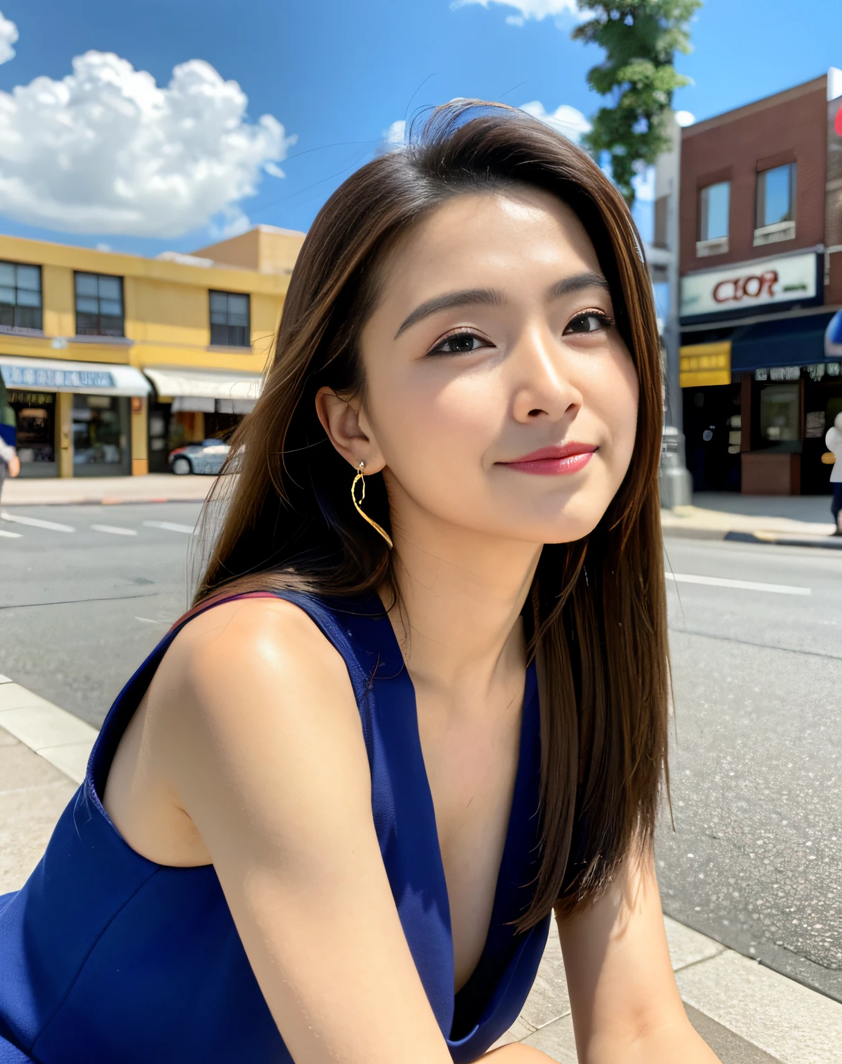 Woman posing on street corner, top-quality, hight resolution,  Sleeveless dress,a gorgeous, (brow, length hair:1.5), Beautiful detailed sky, earring beautiful,