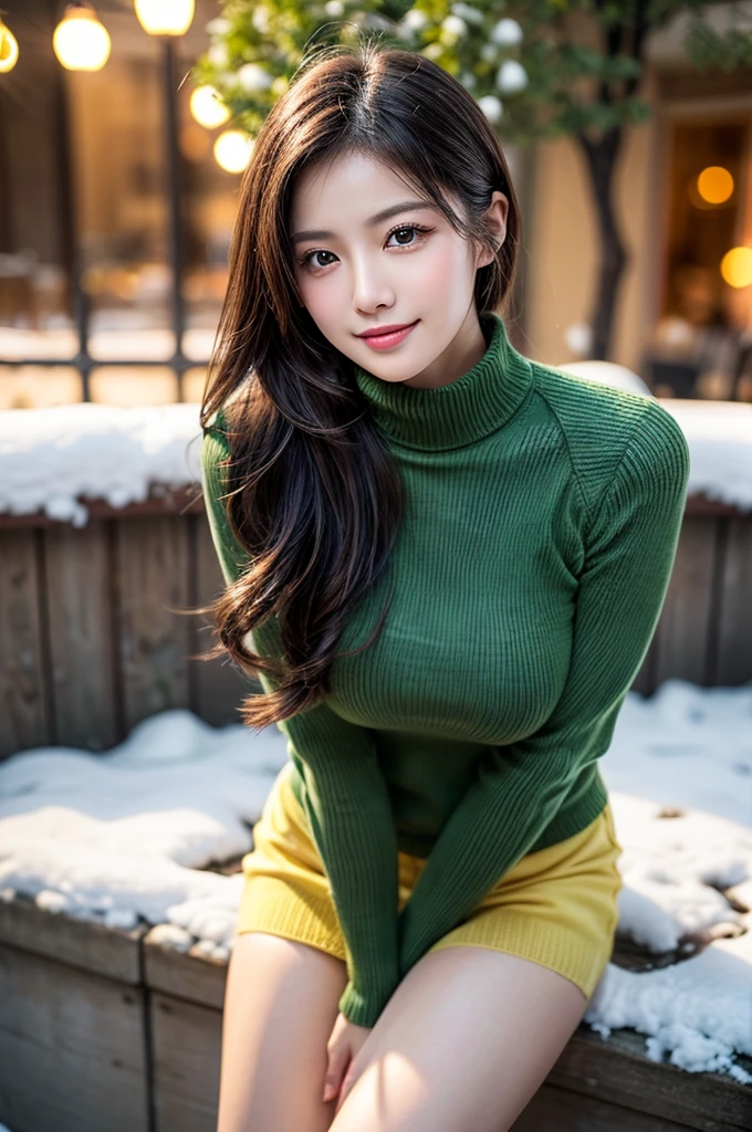 (masutepiece:1.3, Photorealsitic:1.4, 8K), top-quality, masterpiece, 超A high resolution, Perfect dynamic composition, Highly detailed skin and facial texture:1.3, A detailed eye, Detailed limbs, Winters, snowflakes falling:1.2, Snowfall landscape at night:1.2, 1girl in, Cute sexy 18 year old slim woman, Fair skin, tilt the neck, ((A smile:0.9, Totally captivates you:1.0)), (Yellow-green long-sleeved turtleneck sweater and clothing to wear:1.2, High waist mini skirt:1.1), ((voluptuous breasts:1.05)), Short boots, (Facing the front, Squat with your knees bent), (Beautiful blue eyes, Eyes that feel beautiful eros:0.85), Sexy face:0.4, (A mouthfeel that feels beautiful eros:0.85), ((Super erotic and beautiful:0.9))