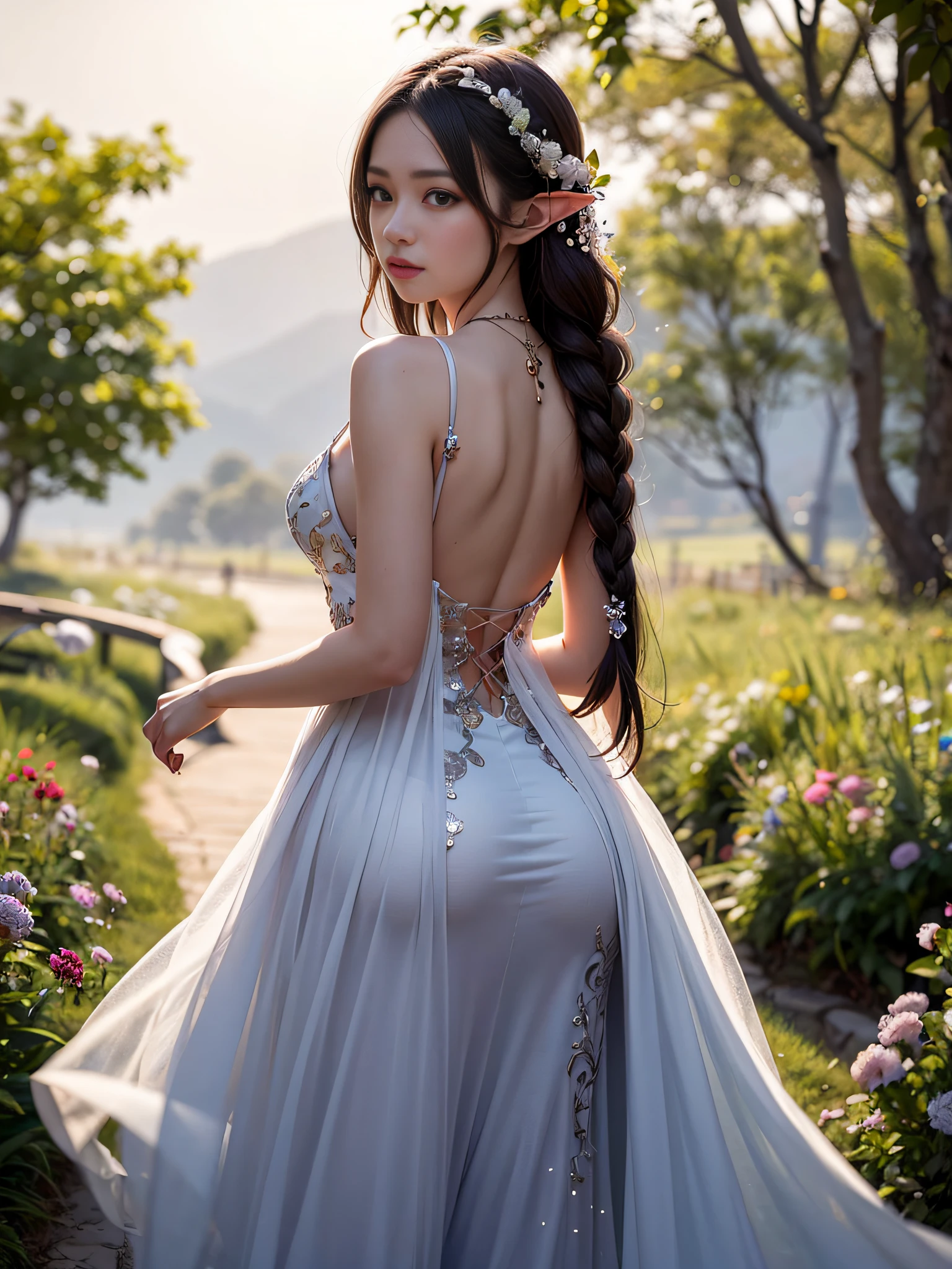 Graceful elven girl standing in meadow, Delicate face illuminated by the soft light of the setting sun. Her long, Flowing hair runs down your back, Decorated with intricate braids、Adorned with sparkling gemstones. This great photo is、、、It captures the ethereal beauty of elves. Slender figure in silk dress、Swaying in the soft steppe breeze. Attention to detail、Face that is、Face that is、Face that is、Face that is、It is evident in the intricate patterns of the dress and the subtle highlights of the luminescence. skin. The breathtaking portrayal of the elven girl is、、、、、Create an enchanting atmosphere、It invites the viewer to a magical world.