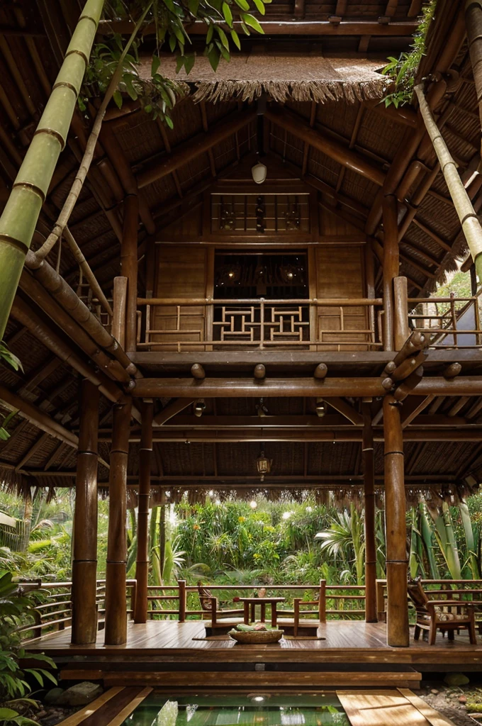 Bamboo Retreat Villa in the Southeast Asian Rainforest:
Location: Nestled within the lush rainforest of Southeast Asia.
Size: A modest yet elegantly designed villa with open-air spaces.
Color: Natural bamboo hues with touches of green, harmonizing with the rainforest.
Material: Sustainable bamboo construction, with thatched roofs made from local foliage.