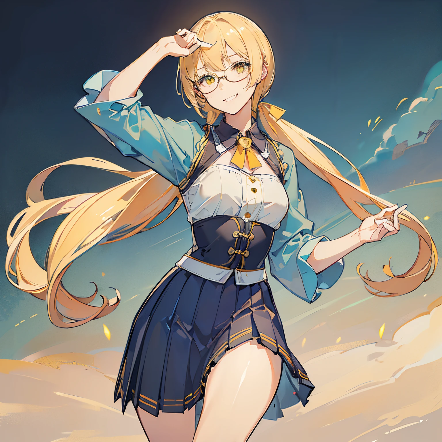 (best quality,4k,8k,highres,masterpiece:1.2),ultra-detailed,(realistic,photorealistic,photo-realistic:1.37),(blonde),(golden irises),(yellow eyes),(low double ponytails),(long bangs),(short hair),(round glasses),( girl),(cute),(blue-green suit),(red tie),(deep blue pleated skirt),(accurate anatomy),(flat-chested),(slender),(meticulously detailed facial features),(smiling),(happy),(slim)