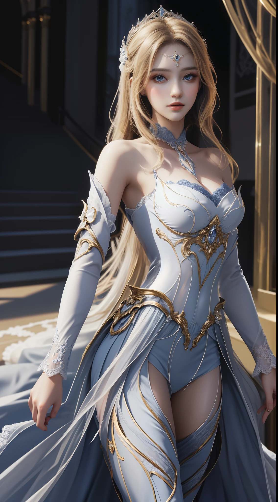 tmasterpiece，Best Picture Quality，HD 8K wallpaper，Nice photos，elegant single woman，round skirt，shinning eyes，Every detail is perfect，A masterpiece of exquisite beauty，pure beauty and lightness，Moderate aesthetics，Gentle and elegant，Attention to detail，Blue and white lace round princess dress，undying