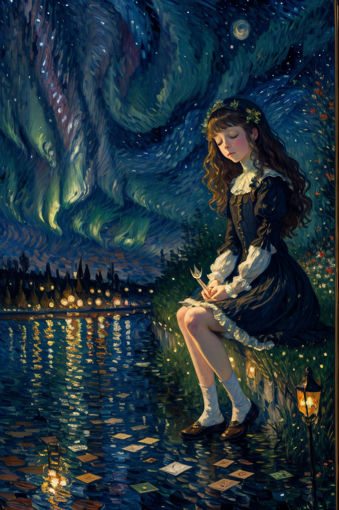 Knees，hand between legs，child，（​masterpiece，Highest Quality），shortsleeves，Blue-green Gothic Lolita，Sleepy face，A dark-haired，long hair，utility knife，Small scissors，Pasture，Aurora，starrysky，dark clouds, Night, (Impressionism:1.4), (tarot:1.3), Alphonse Mucha cards