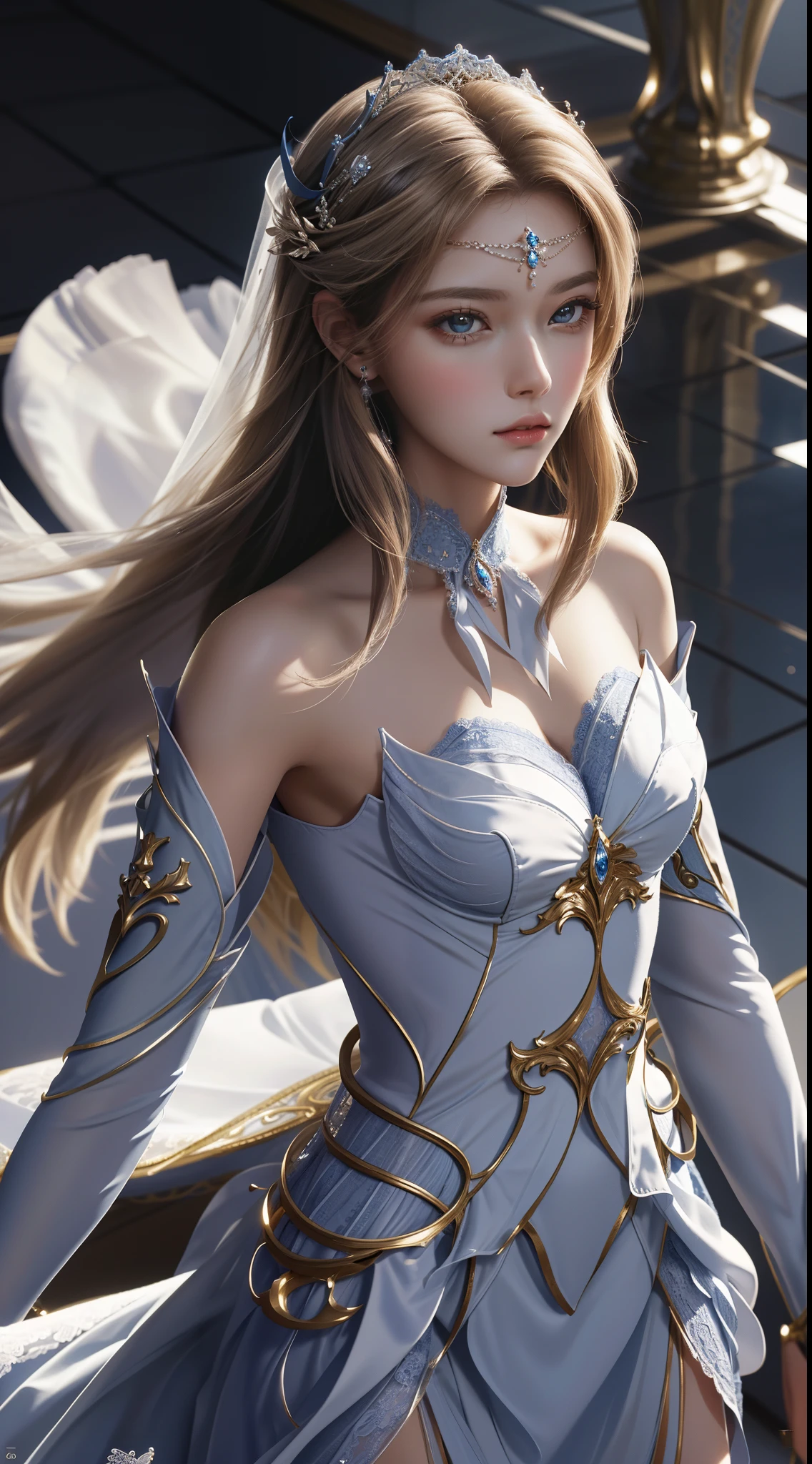 tmasterpiece,Best Picture Quality,HD 8K wallpaper,Nice photos,elegant single woman,round skirt,shinning eyes,Every detail is perfect,A masterpiece of exquisite beauty,pure beauty and lightness,Moderate aesthetics,Gentle and elegant,Attention to detail,Blue and white lace round princess dress,undying