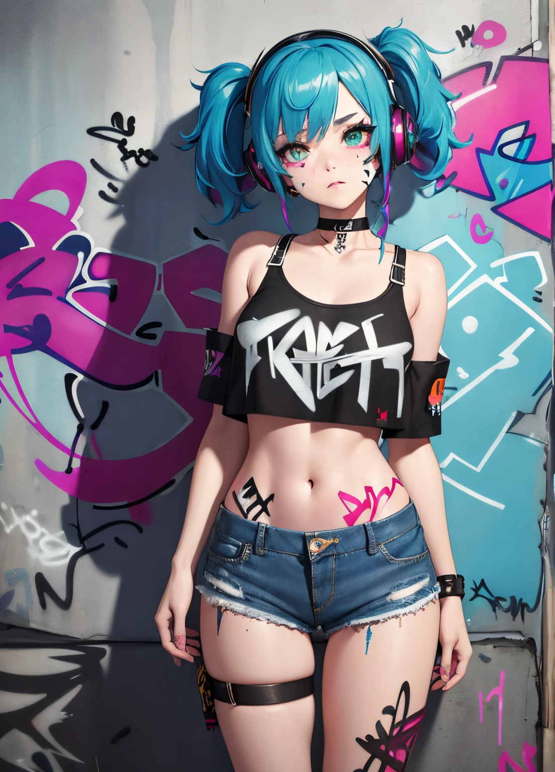masterpiece, best quality, 1girl, solo, crop top, denim shorts, choker, (graffiti:1.5), paint splatter, arms behind back, against wall, looking at viewer, armband, thigh strap, paint on body, head tilt, bored, multicolored hair, aqua eyes, headset,