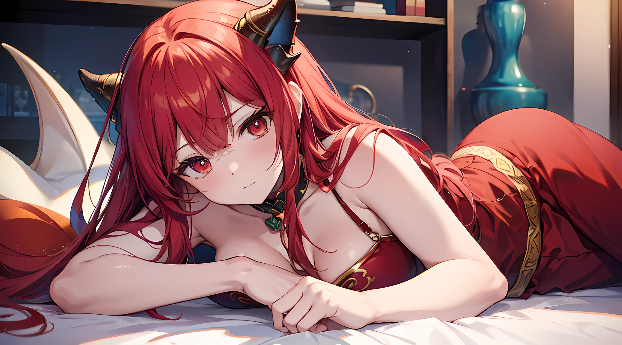 a close up of a person laying on a bed with a red hair, dragon girl, the dragon girl portrait, from dungeons & dragons, from dungeons and dragons, trending on cgstation, “ anime, trending at cgstation, dragon! dragon!, dragon queen, dragon! dragon! dragon!, “anime girl, anime”, ig model | artgerm, artgerm comic
