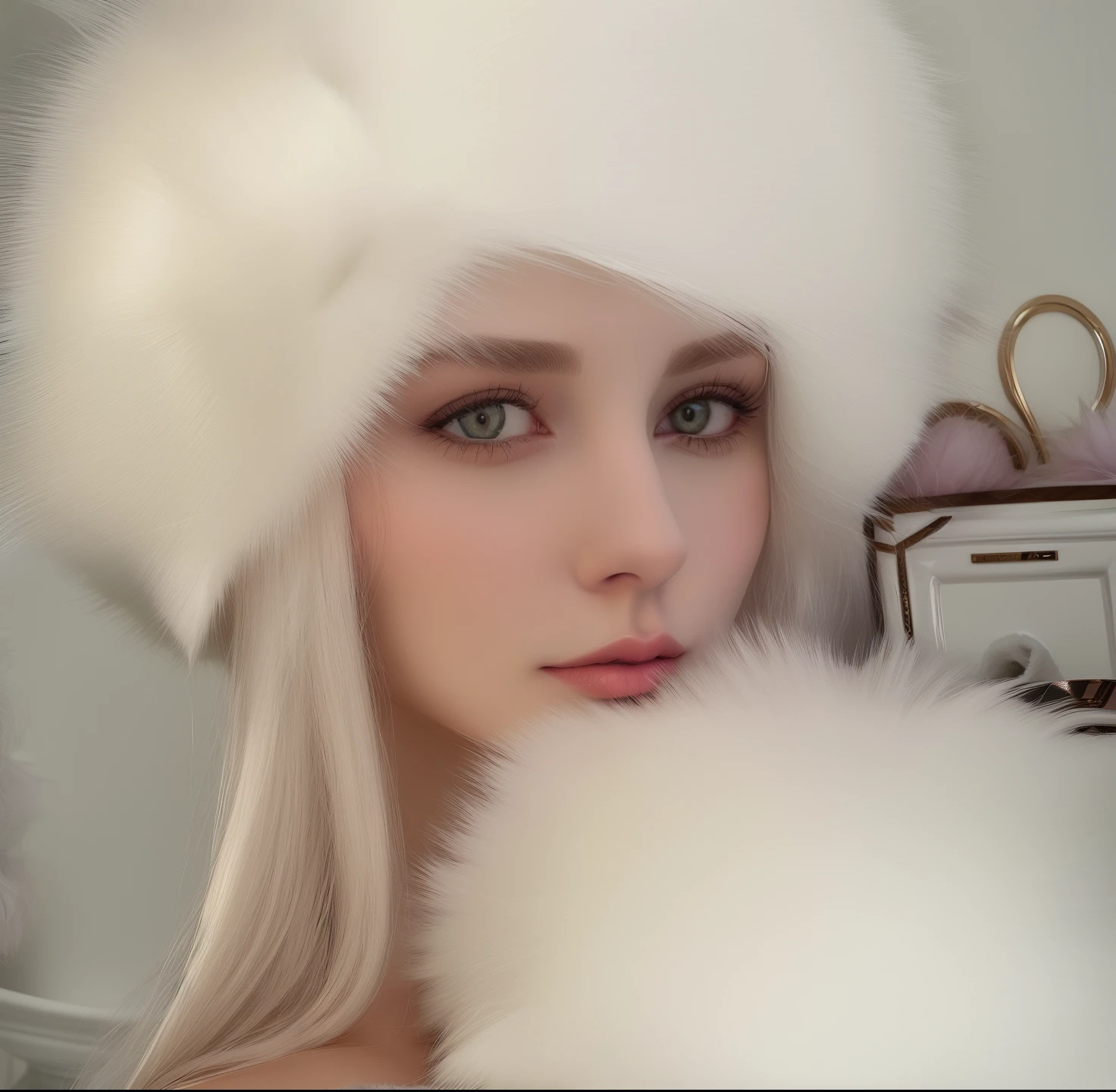 arafed woman wearing a white fur hat and holding a white fur ball, white fur, with white fluffy fur, anna nikonova aka newmilky, yelena belova, dasha taran, anastasia ovchinnikova, angelina stroganova, white fox ears, fluffy fluffy fur, fluffy white fur, irina nordsol kuzmina, fluffy fur