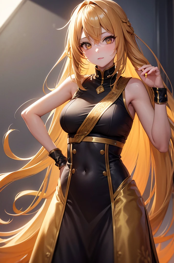 1 girl, striaght long golden hair, mix skin, golden stylish outfit, golden eyes, ultrasharp, 8k, masterpiece,